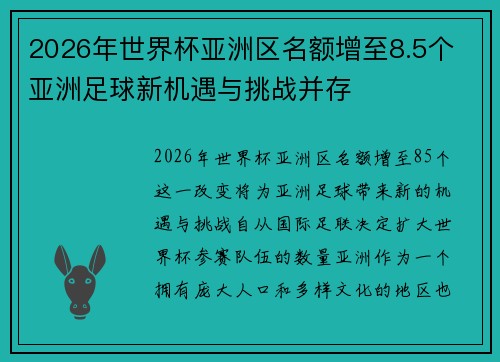 2026年世界杯亚洲区名额增至8.5个 亚洲足球新机遇与挑战并存 2026年世界杯亚洲区名额增至8.5个 亚洲足球新机遇与挑战并存